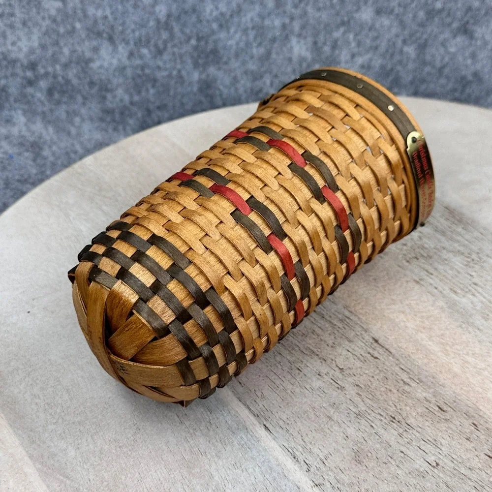 Bradford Basket Company 1997 Christmas Candle Basket Woven Wood Leather Handle